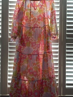J Marie Floral Tiered Maxi Dress in Pink and Yellow